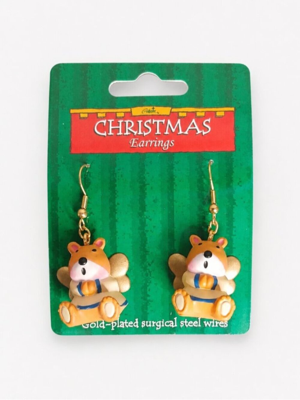 Gibson Christmas Bear Angel Earrings Gold-Plated Surgical Steel Holiday Vintage